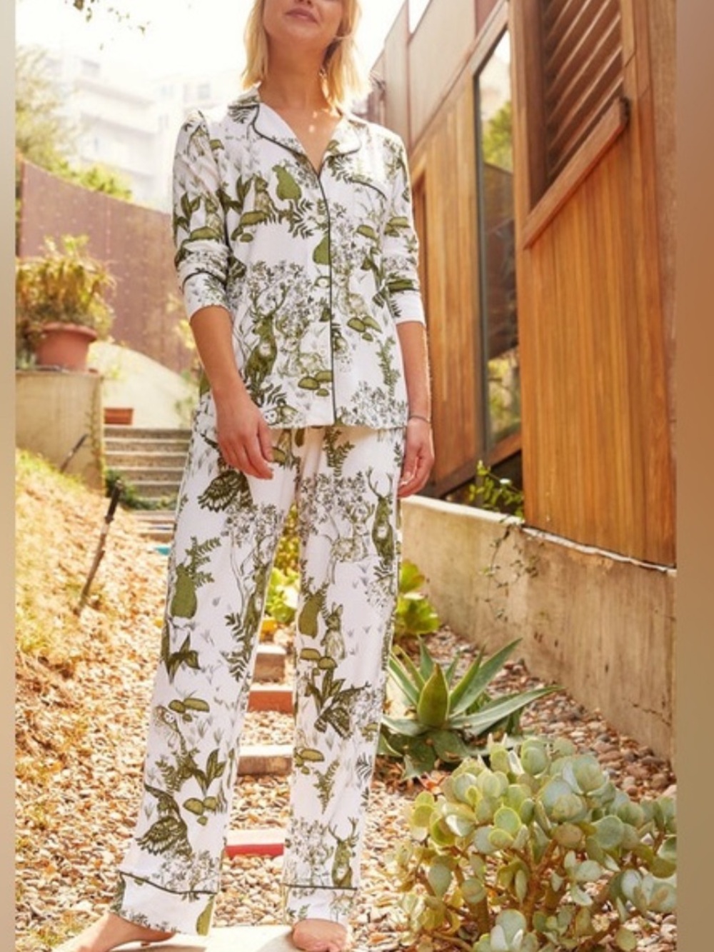 NWT The Cat's Pajamas Woodside Pima Knit Pajama Set Toile Green White S